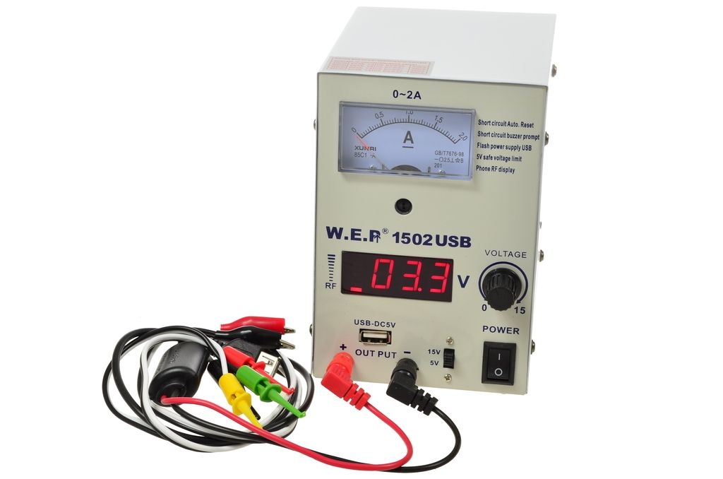 Zasilacz laboratoryjny WEP 1502 USB 15V 2A z wyjściem USB DC5V