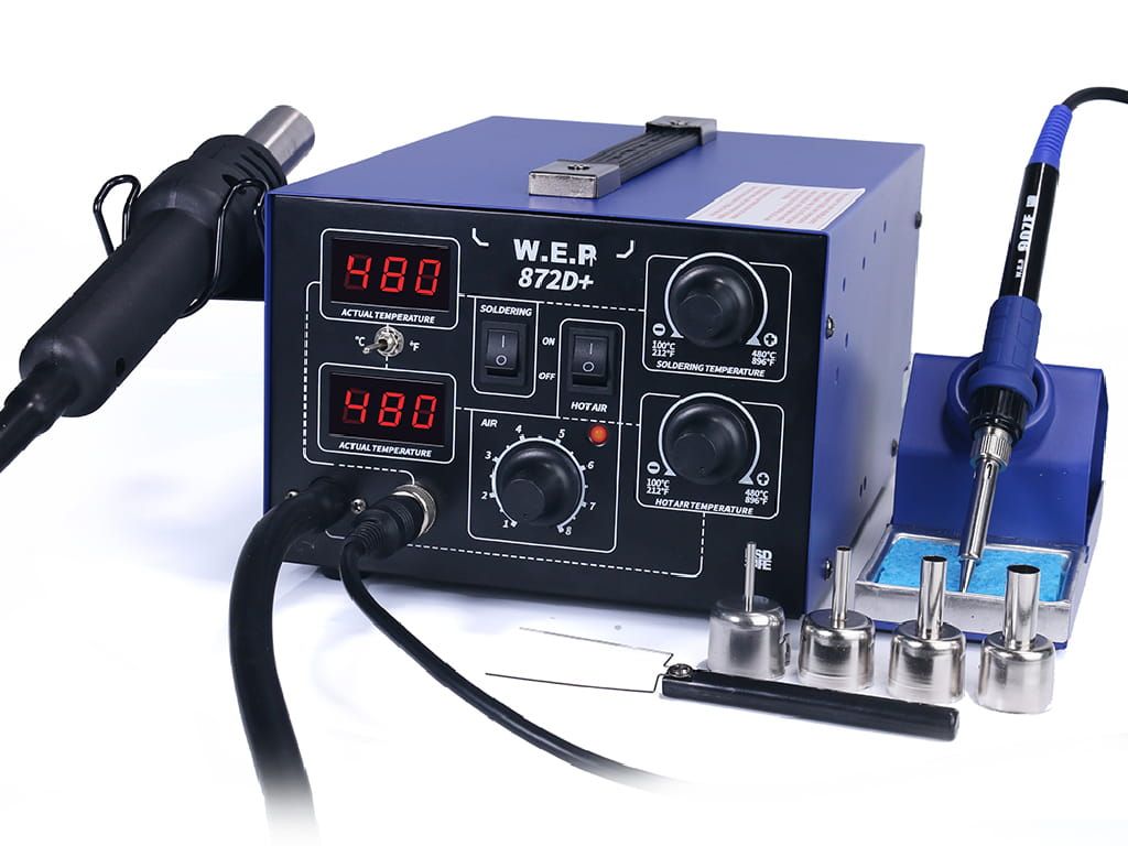 Wielofunkcyjna stacja lutownicza 2w1 WEP 872D+ z kolbą hot-air oraz grotówką i akcesoriami