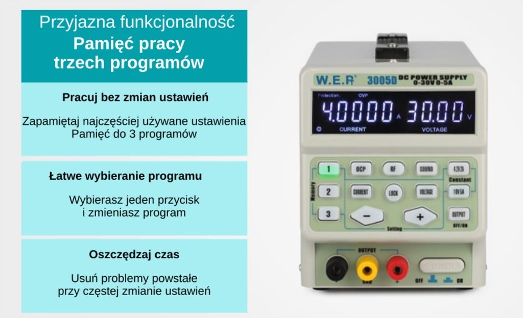 Zasilacz laboratoryjny WEP 3005D 30V 5A pamięć profili zasilania