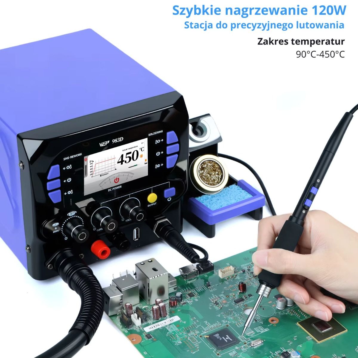 Stacja lutownicza wielofunkcyjna 3w1 z zasilaczem 20V 3,5A WEP 983D
