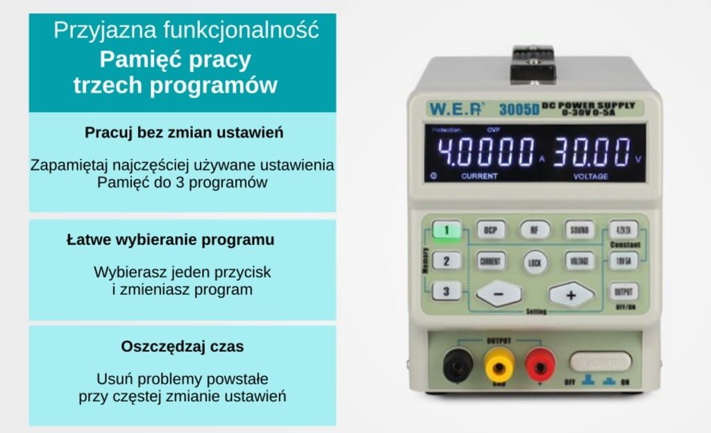 Zasilacz laboratoryjny WEP 3005D 30V 5A pamięć profili zasilania