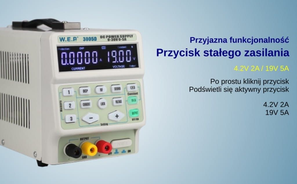 Zasilacz laboratoryjny WEP 3005D 30V 5A pamięć profili zasilania