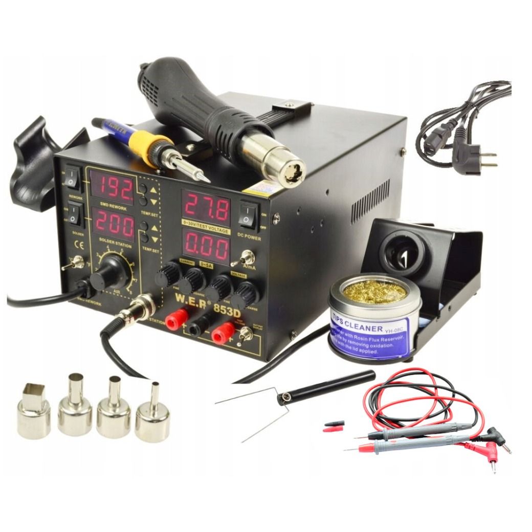 Stacja lutownicza WEP 853D 5A zasilacz 30V/5A +Odsysacz, flux 223