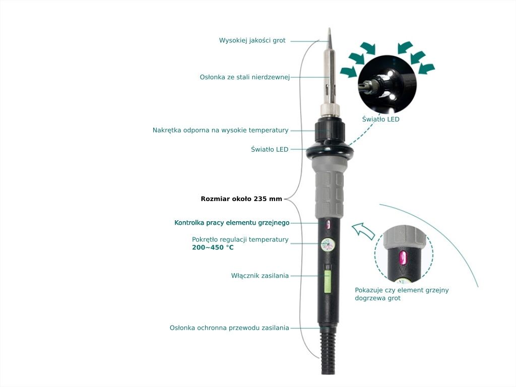 Lutownica grotowa WEP 947-V 60W z podświetleniem LED