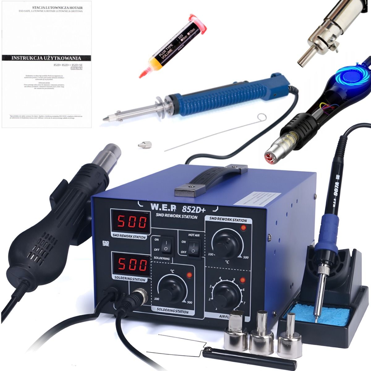Stacja lutownicza 2w1 HOTAIR WEP 852D+ 740W wentylator + Odsysacz, flux