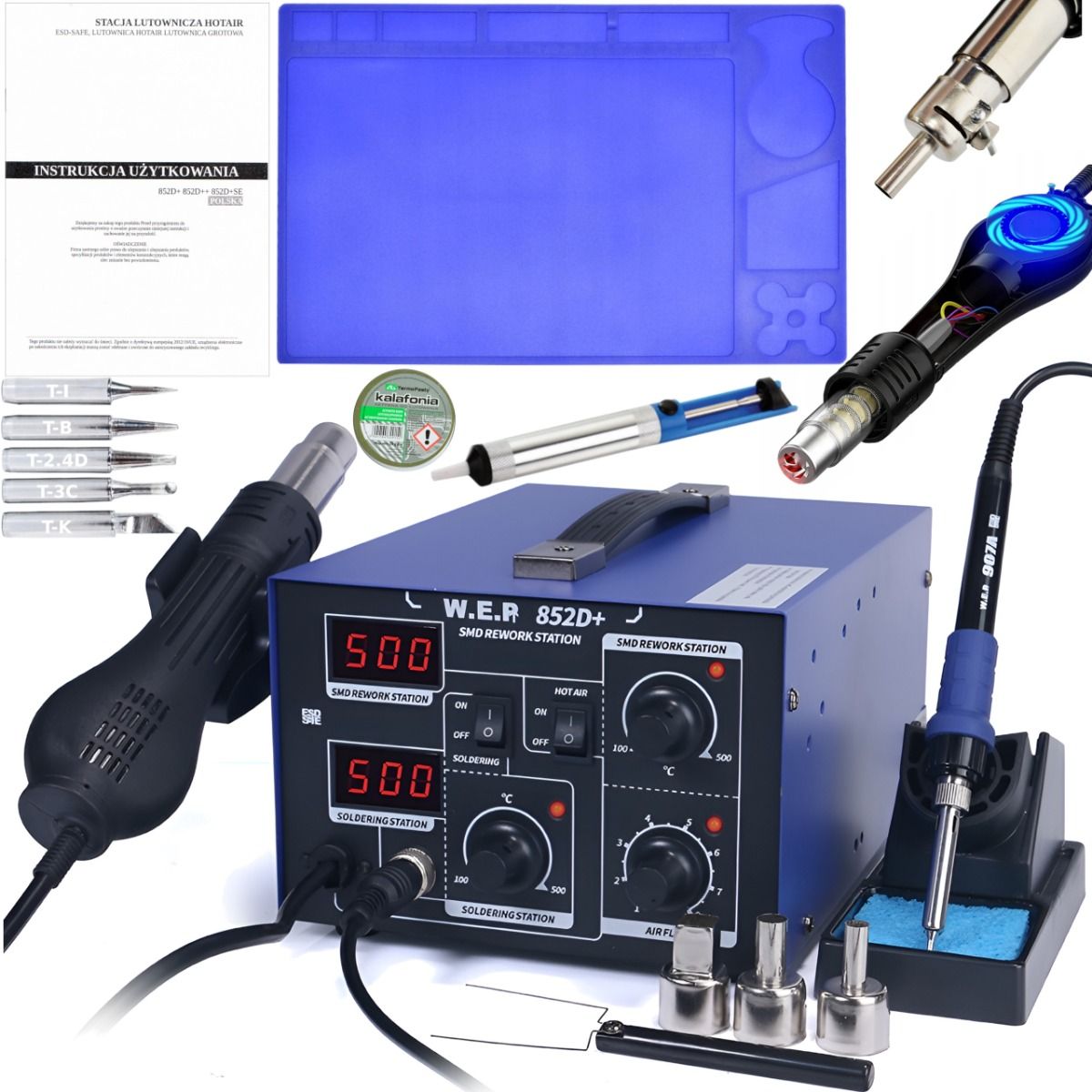 Stacja lutownicza 2w1 HOTAIR WEP 852D+ 740W wentylator + Groty 900M, mata