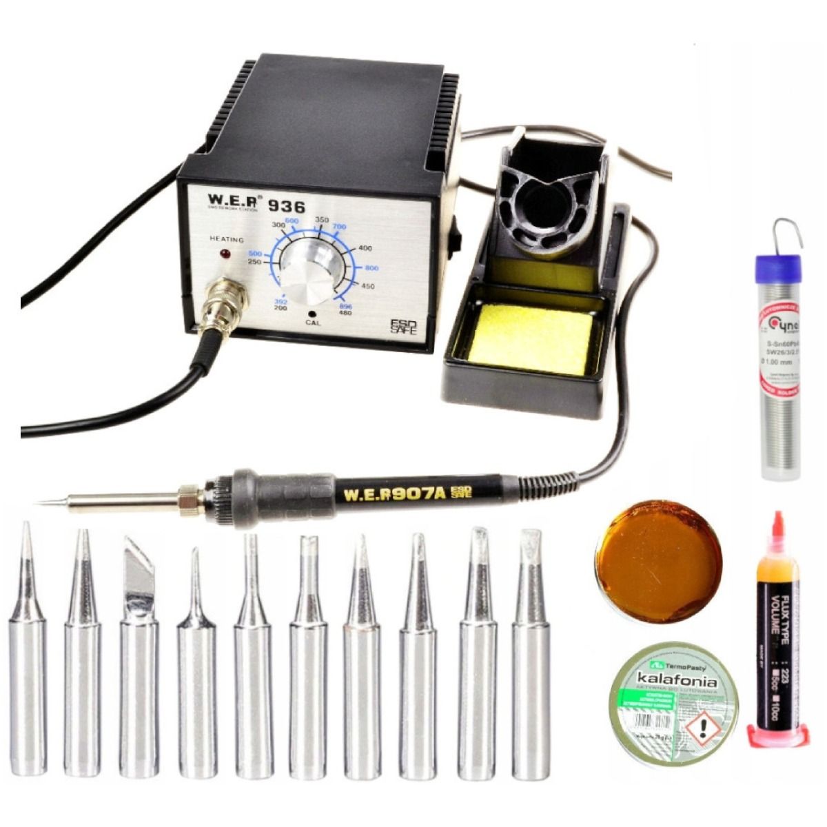 Stacja lutownicza WEP 936 60W ESD Safe + Zestaw Ekspercki (Groty, Topnik, Kalafonia, Cyna)