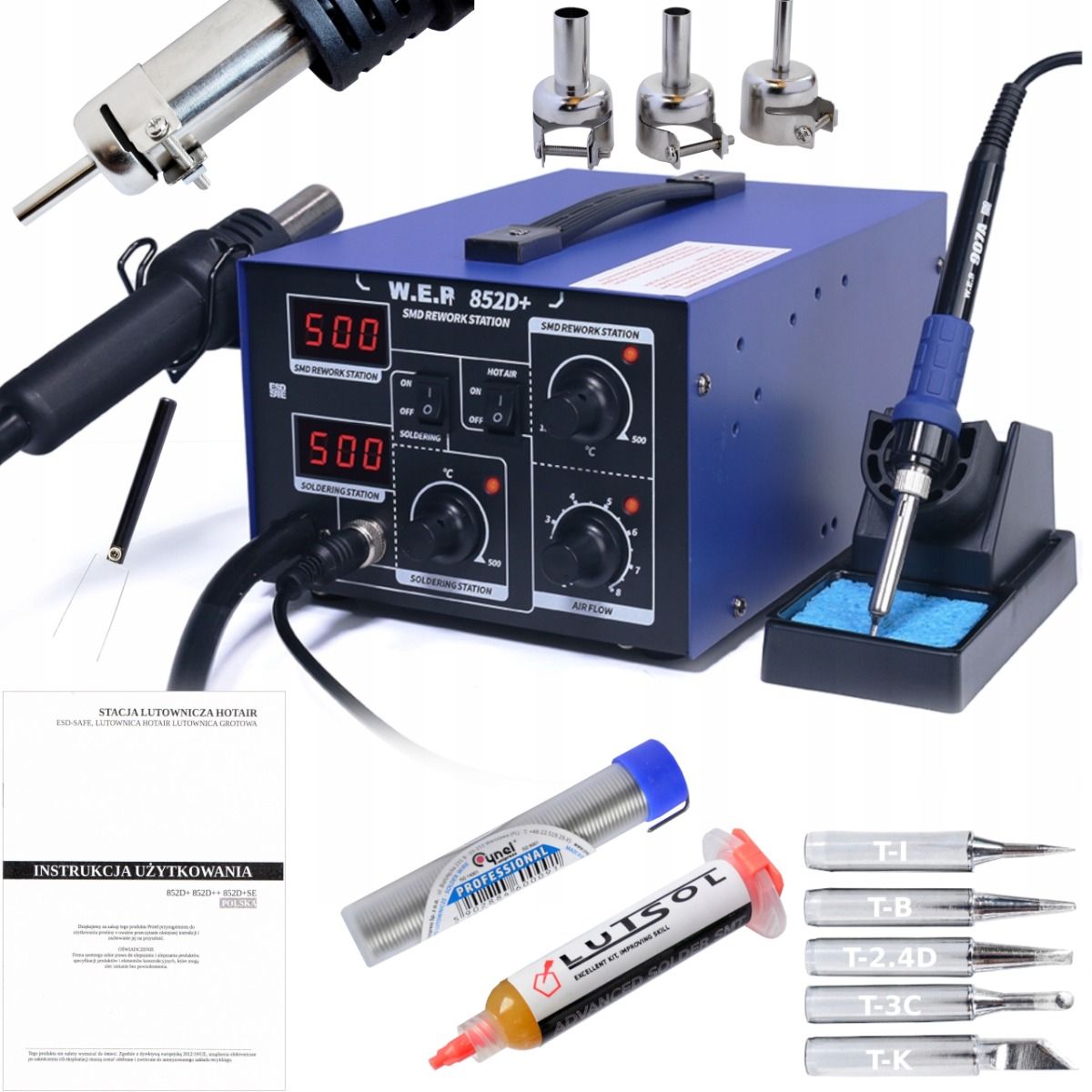Stacja lutownicza 2w1 HOTAIR WEP 852D+ 700W kompresor + Groty 900M, cyna