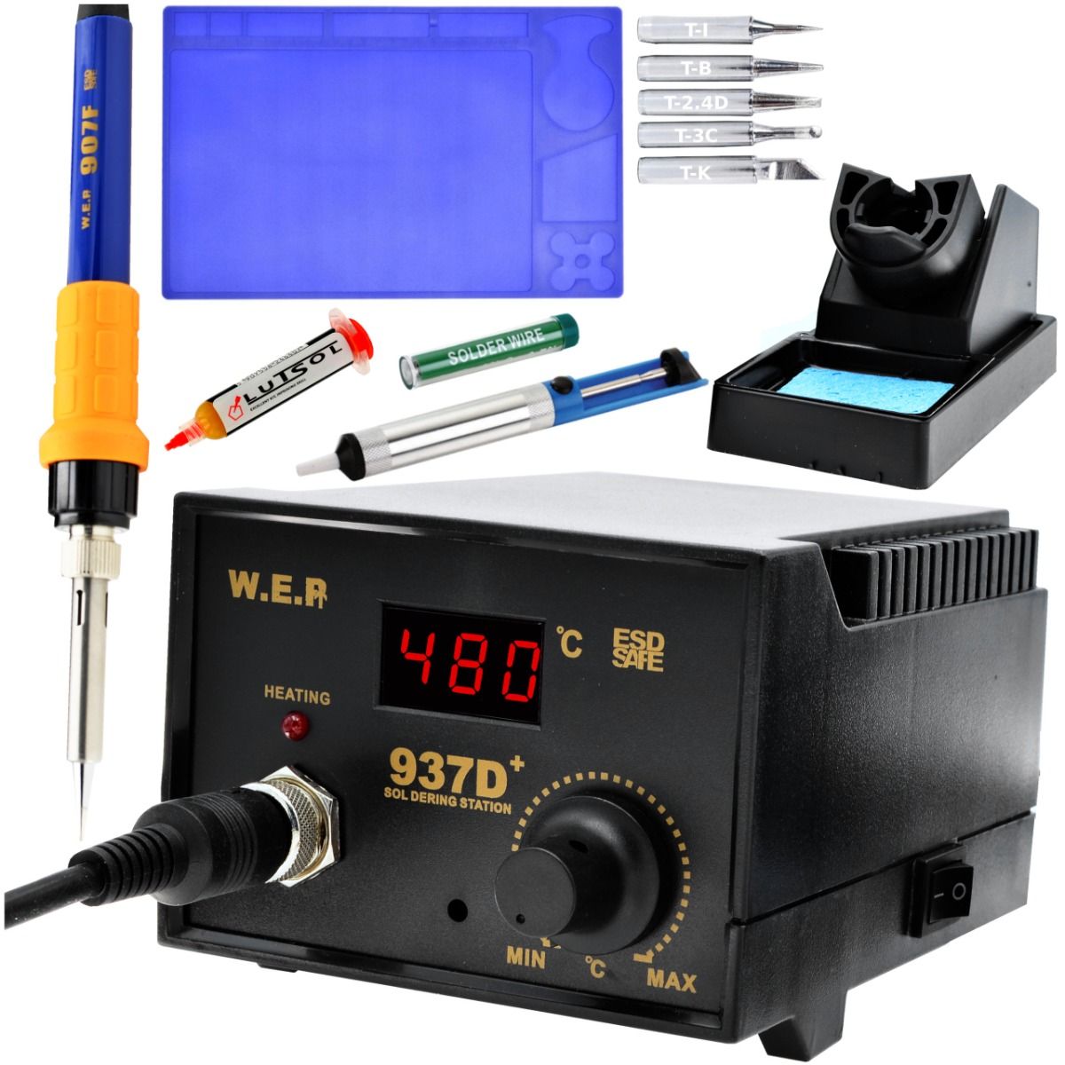 Stacja lutownicza WEP 937D+ 75W LED ESD Safe + Mata ESD, Odsysacz i Zestaw Grotów