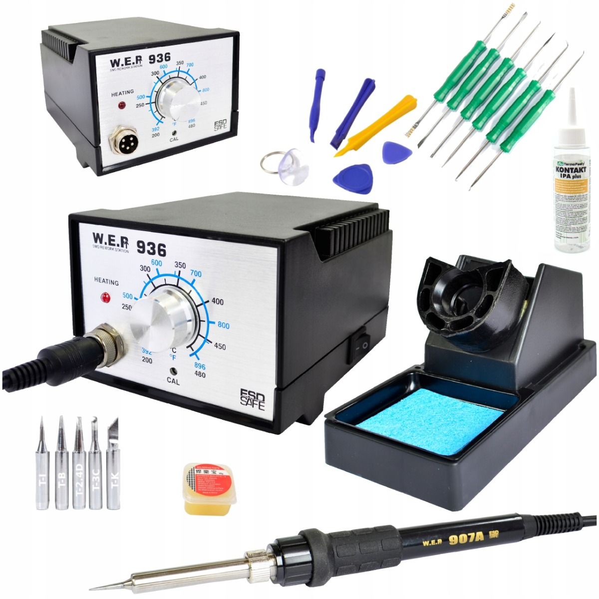 Stacja lutownicza WEP 936 60W Transformatorowa ESD Safe - Zestaw Akcesoriów (Narzędzia Serwisowe, Otwieraki GSM, Przyssawka LCD, Kontakt IPA 100ml, Pasta ZJ-18, 5x Grot)