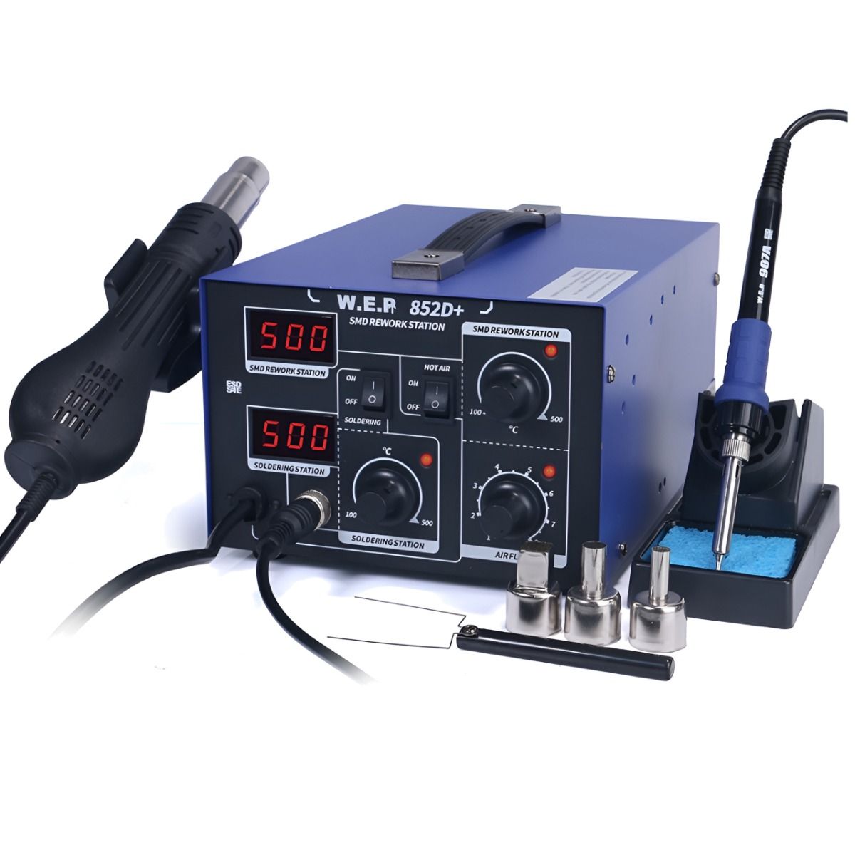 Stacja lutownicza 2w1 HOTAIR WEP 852D+ 740W wentylator + Mata, flux 223