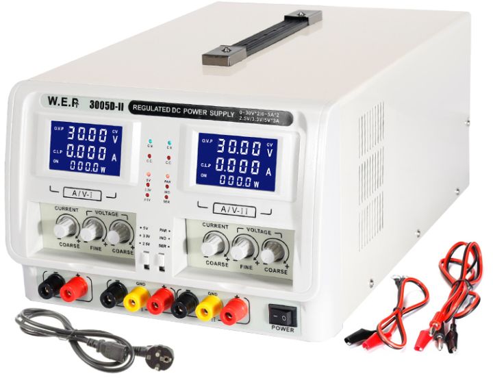 Zasilacz laboratoryjny DC potrójny WEP 3005D-II 2x ( 0-30V 5A ) + 2.5V/3.3V/5V 3A
