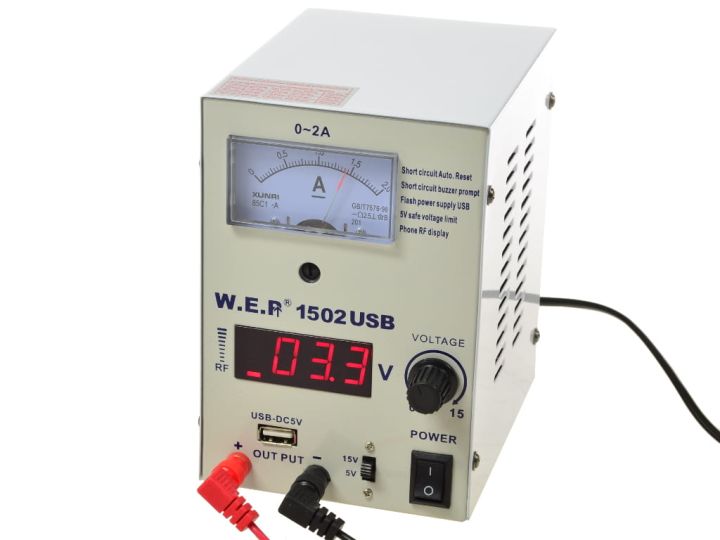 Zasilacz laboratoryjny WEP 1502 USB 15V 2A z wyjściem USB DC5V
