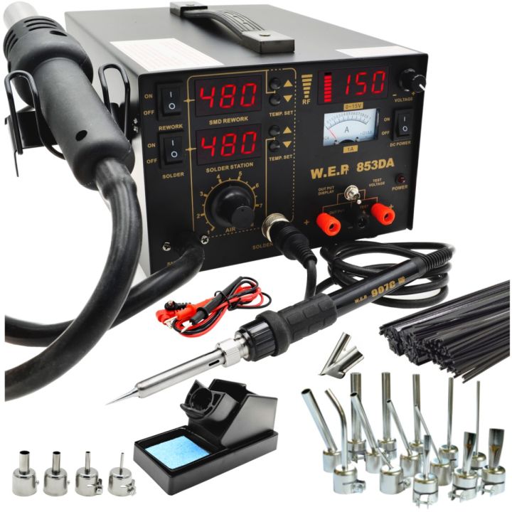 Stacja lutownicza 5w1 WEP 853DA (Hot-Air + Grotówka + Zasilacz) - Kompresor 700W + Zestaw 19 dysz + 1kg Spoiw + Siatka