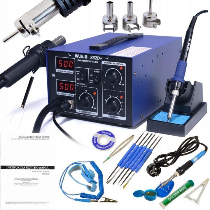 Stacja lutownicza 2w1 HOTAIR WEP 852D+ 700W kompresor + Starter PACK