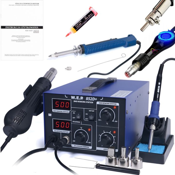 Stacja lutownicza 2w1 HOTAIR WEP 852D+ 740W wentylator + Odsysacz, flux
