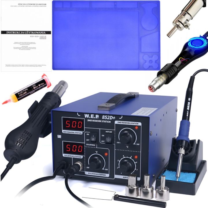 Stacja lutownicza 2w1 HOTAIR WEP 852D+ 740W wentylator + Mata, flux 223