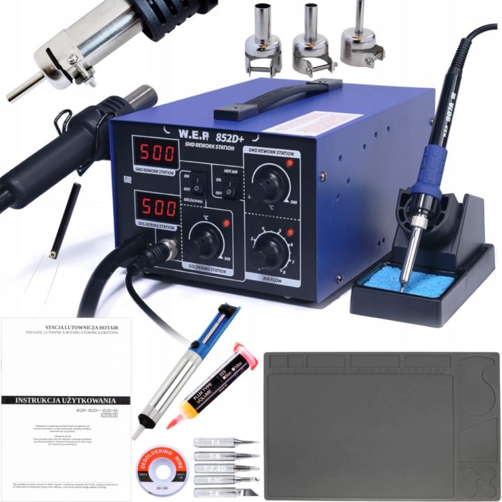 Stacja lutownicza 2w1 HOTAIR WEP 852D+ 700W kompresor +Mata, 900M, odsysacz