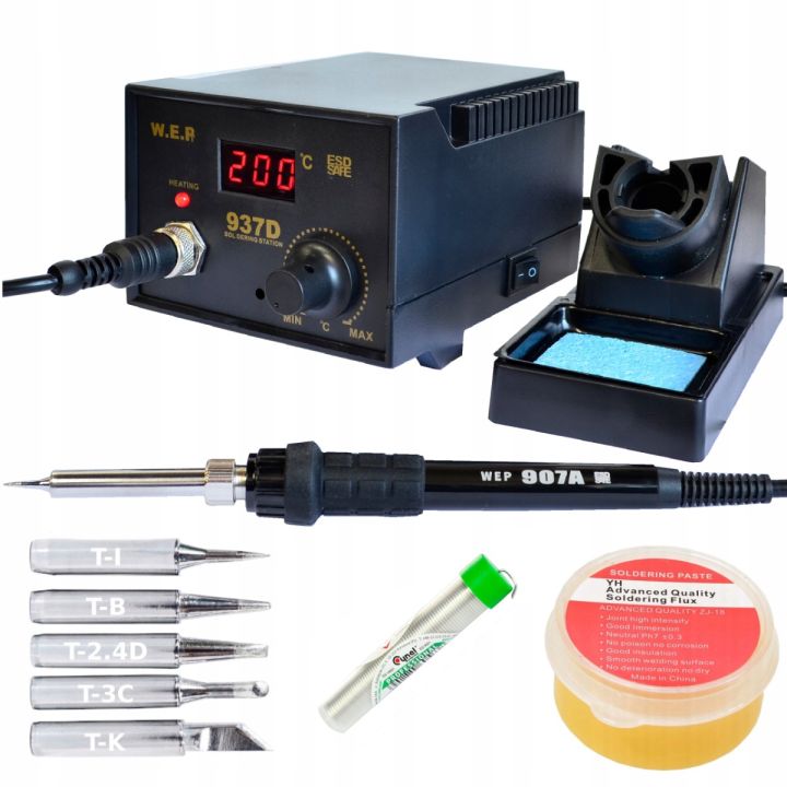 Stacja lutownicza grotowa WEP 937D 60W LED + 5 grotów, cyna, pasta
