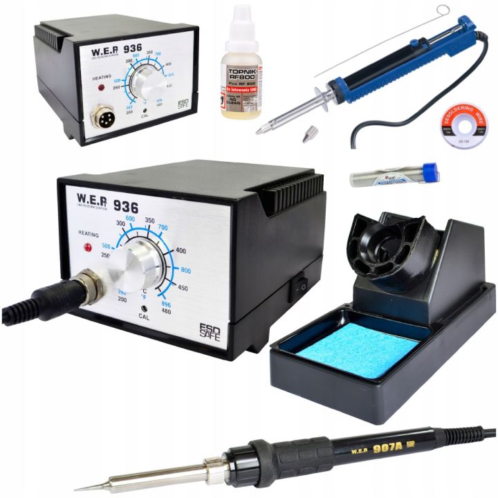 Stacja lutownicza WEP 936 60W ESD Safe + Zestaw Serwisowy (Odsysacz elektryczny, Plecionka, Topnik RF800, Cyna)