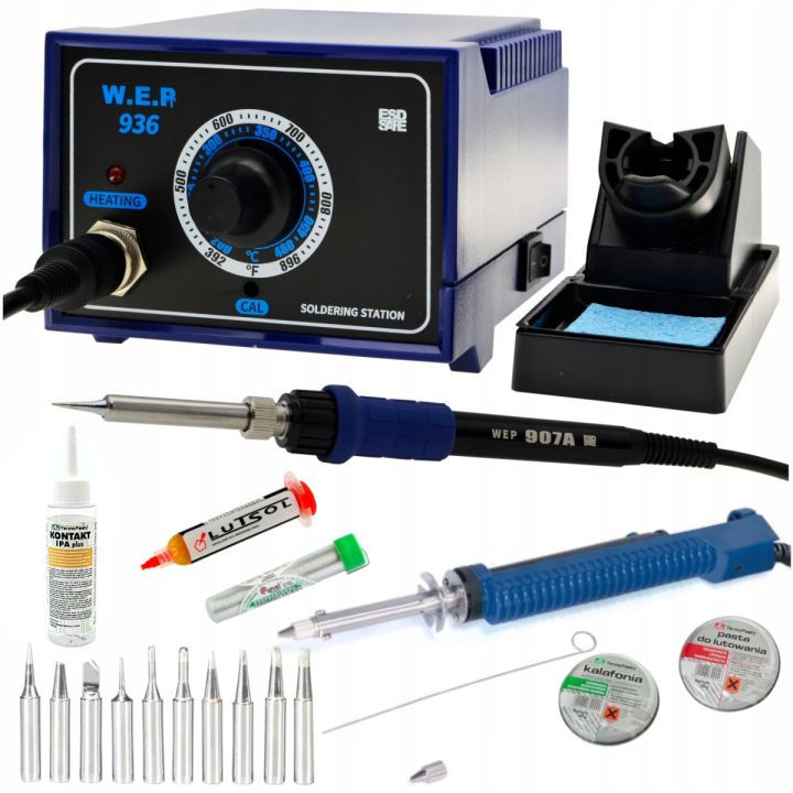 Stacja lutownicza WEP 936 60W ESD Safe - MEGA ZESTAW z elektrycznym odsysaczem 30W, Kontaktem IPA 100ml, 10x Grot i chemią