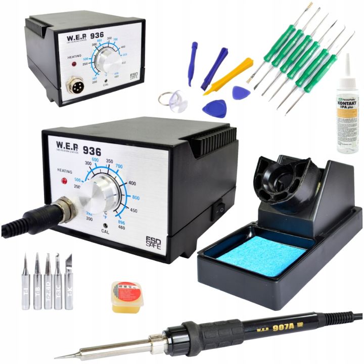 Stacja lutownicza WEP 936 60W Transformatorowa ESD Safe - Zestaw Akcesoriów (Narzędzia Serwisowe, Otwieraki GSM, Przyssawka LCD, Kontakt IPA 100ml, Pasta ZJ-18, 5x Grot)